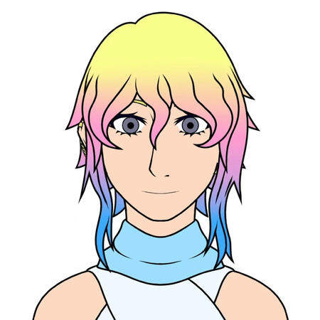 The online avatar of DawnTwilight. Image is a 2D depiction of a white woman with grey eyes and multi-colored hair, wearing a blue scarf and a white top. Character is on a white background.
